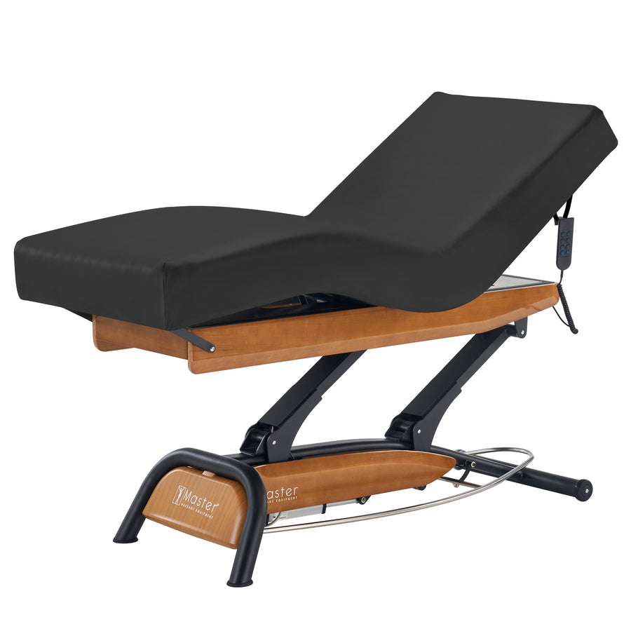 Master Massage Atlas Deluxe Electric Lift Spa Salon Stationary Bed - Oak Base, Cream Top with Interchangable Black Upholstery