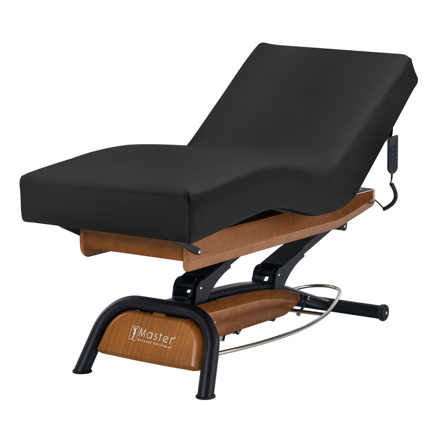 Master Massage Atlas Deluxe Electric Lift Spa Salon Stationary Bed - Walnut Base, Cream Top with Interchangable Black Upholstery