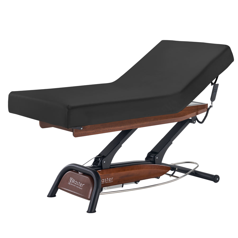 Master Massage Atlas Liftback Electric Lift Spa Salon Stationary Bed - Walnut Base, Cream Top with Interchangable Black Upholstery